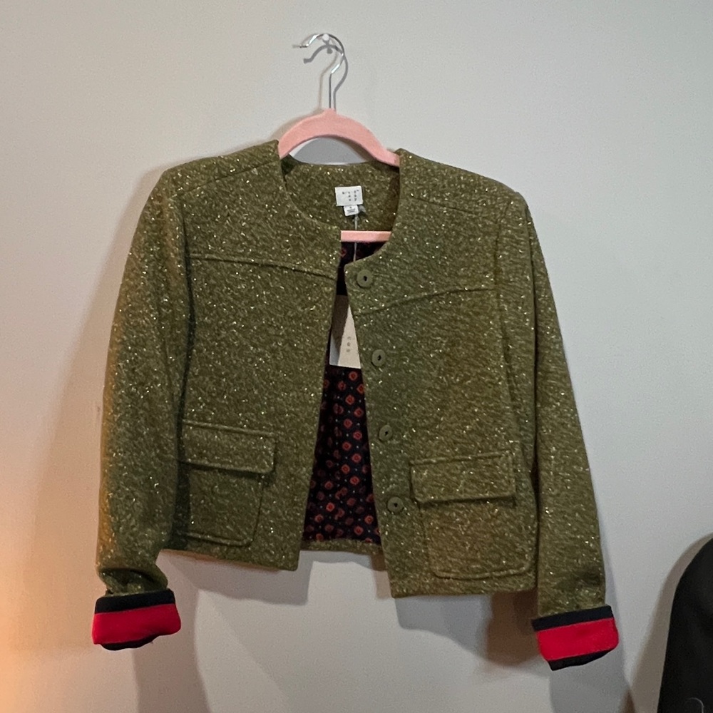 a new day Olive Sparkle Tweed Boxy Jacket with Red Cuff Detail